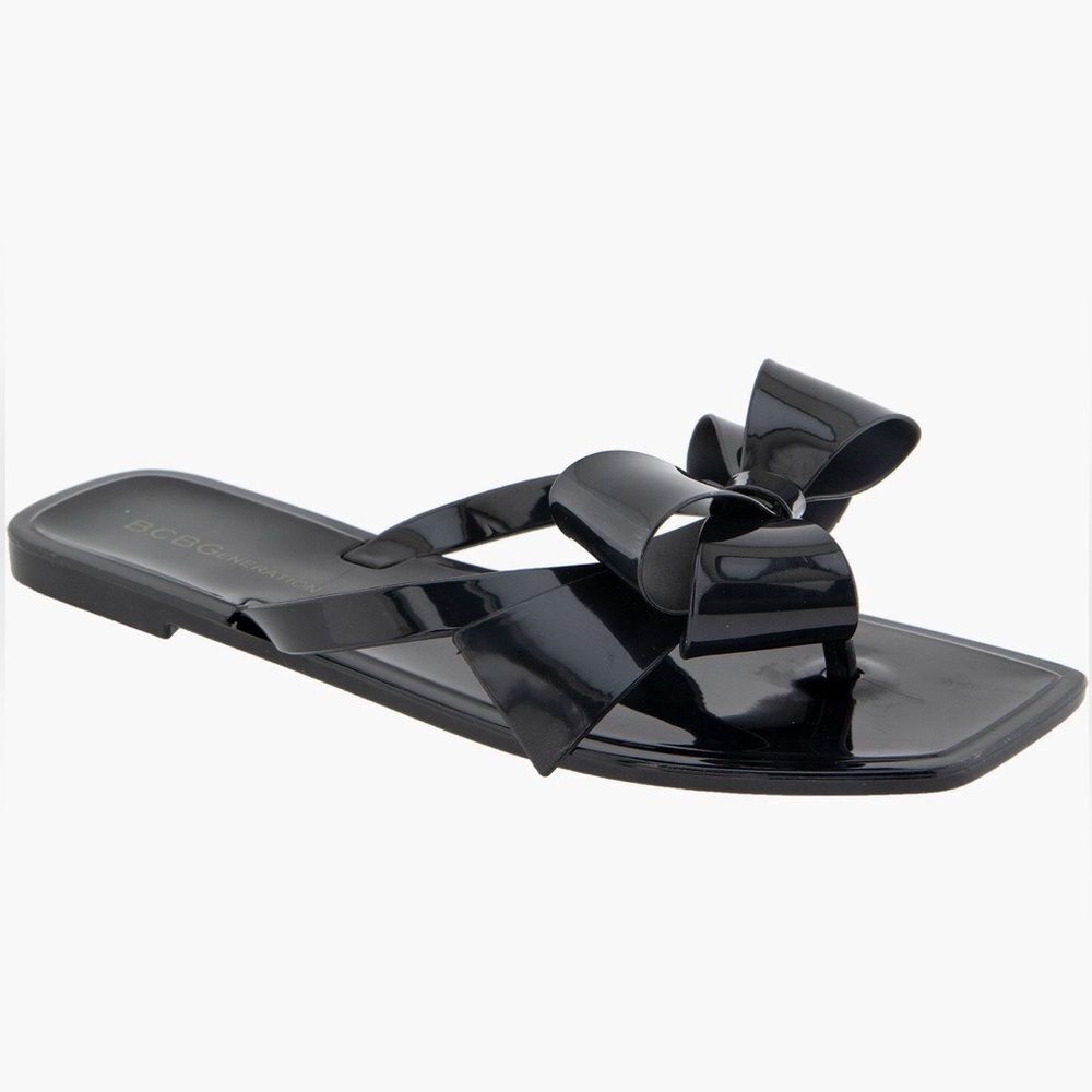 BCBGeneration Glossy Black Jelly Bow Sandals Shoes Lima 7 NWT